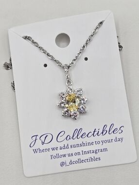 Swarovski Crystal Elements Silver Flower Necklace Yellow Citrine 20-22 inch Prom